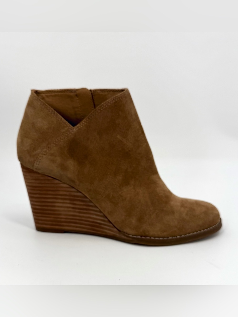 Lucky Brand Boots Women 8.5M Brown Leather Suede Wedge Heel Yakeena Ankle Bootie